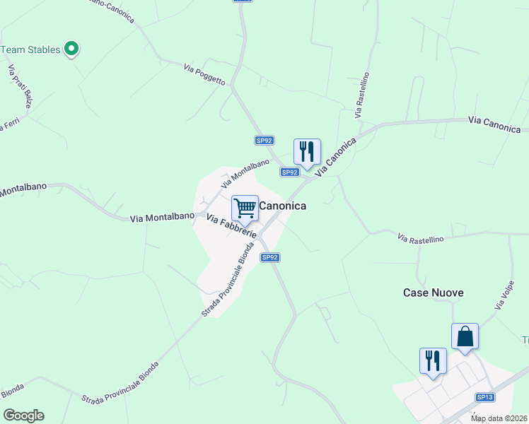 map of restaurants, bars, coffee shops, grocery stores, and more near 34 Via dell'Albana in Canonica