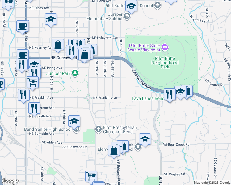 map of restaurants, bars, coffee shops, grocery stores, and more near 630 Northeast 11th Street in Bend