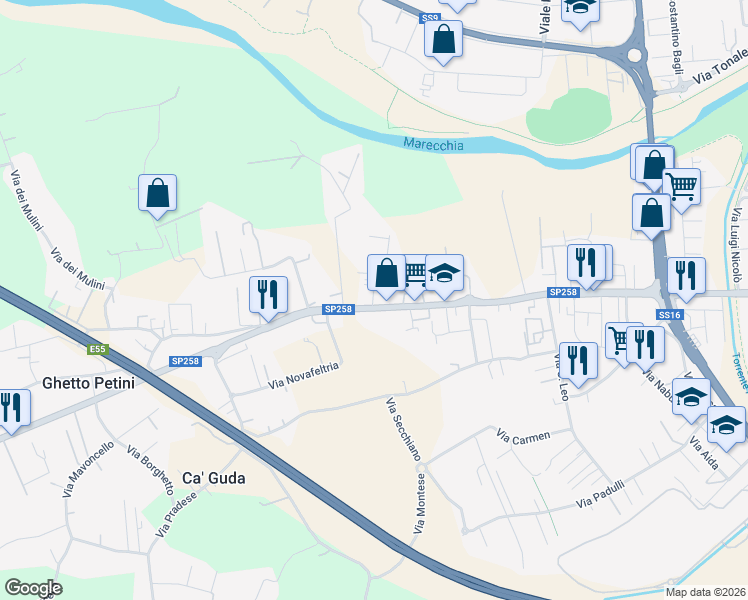 map of restaurants, bars, coffee shops, grocery stores, and more near 262 Via Marecchiese in Rimini