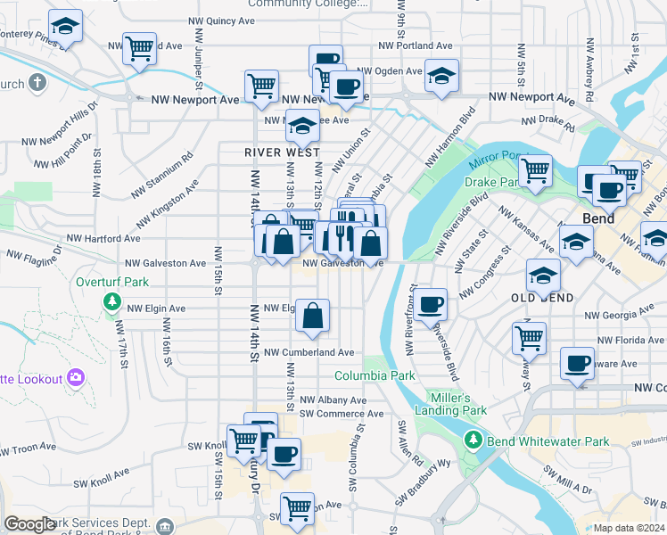 map of restaurants, bars, coffee shops, grocery stores, and more near 631 Northwest Federal Street in Bend