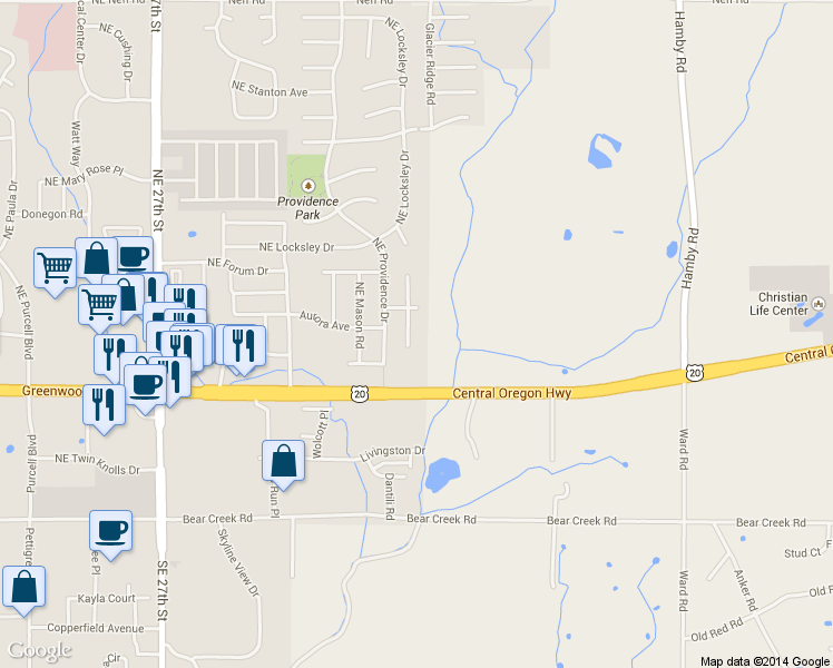 map of restaurants, bars, coffee shops, grocery stores, and more near 642 NE Shirley Ct in Bend