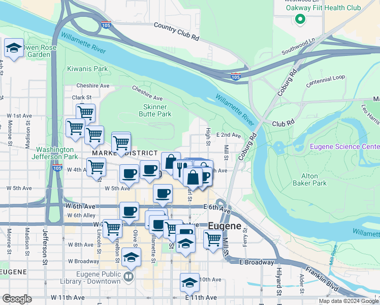 map of restaurants, bars, coffee shops, grocery stores, and more near E 3rd Ave & W 3rd Ave in Eugene