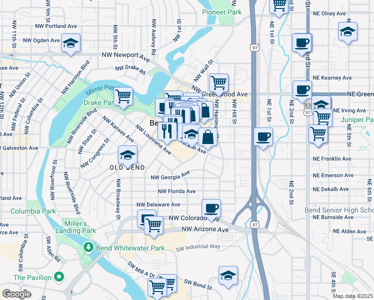 map of restaurants, bars, coffee shops, grocery stores, and more near 409 Northwest Franklin Avenue in Bend