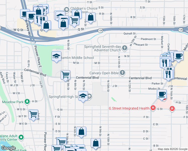 map of restaurants, bars, coffee shops, grocery stores, and more near 820 Centennial Boulevard in Springfield