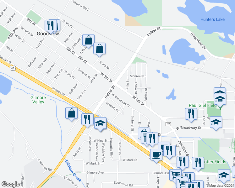 map of restaurants, bars, coffee shops, grocery stores, and more near 1752 West Broadway Street in Winona