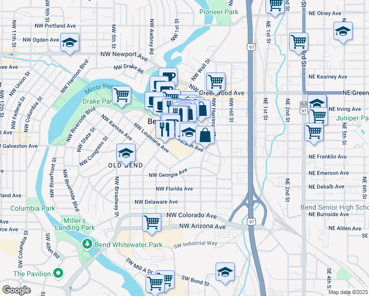 map of restaurants, bars, coffee shops, grocery stores, and more near 409 Northwest Franklin Avenue in Bend