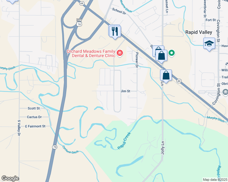 map of restaurants, bars, coffee shops, grocery stores, and more near 3601 Jim Street in Rapid City