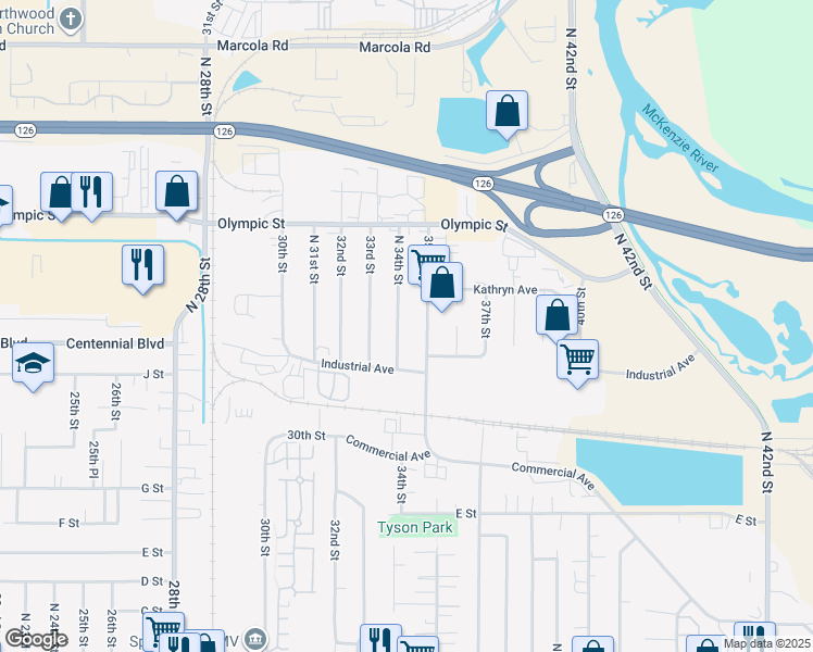 map of restaurants, bars, coffee shops, grocery stores, and more near 1209 34th St in Springfield