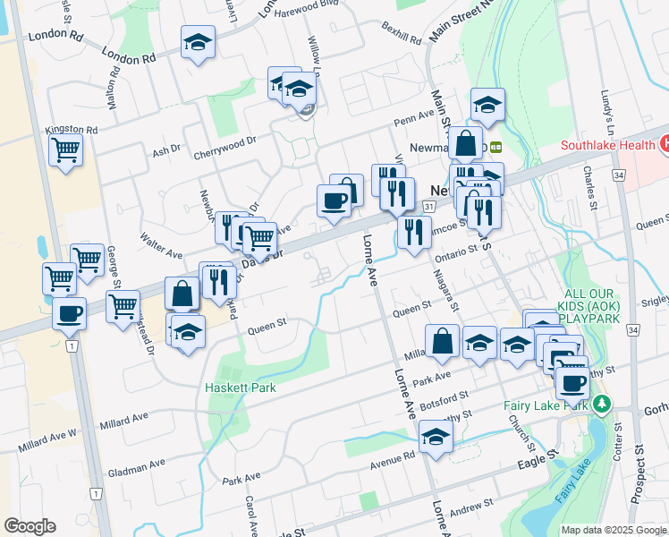 map of restaurants, bars, coffee shops, grocery stores, and more near 270 Davis Drive in Newmarket