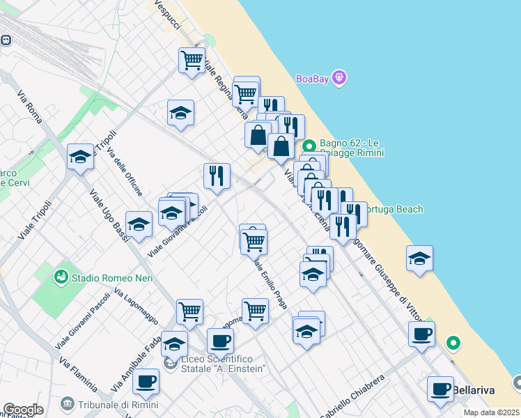map of restaurants, bars, coffee shops, grocery stores, and more near 17 Via del Giglio in Rimini