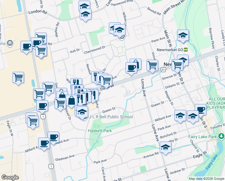 map of restaurants, bars, coffee shops, grocery stores, and more near 212 Davis Drive in Newmarket