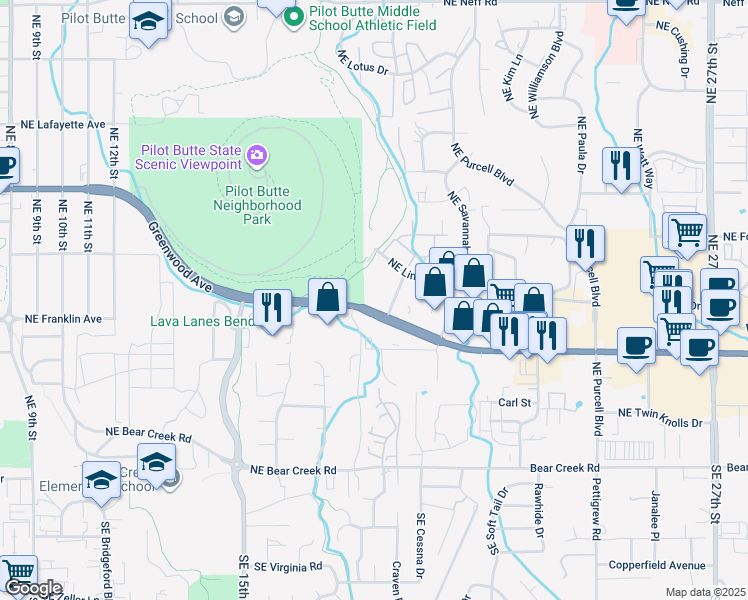 map of restaurants, bars, coffee shops, grocery stores, and more near 2001 Northeast Linnea Drive in Bend