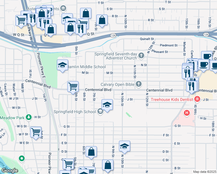 map of restaurants, bars, coffee shops, grocery stores, and more near 838 Centennial Boulevard in Springfield