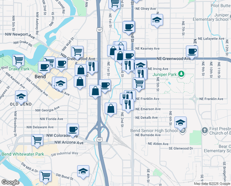 map of restaurants, bars, coffee shops, grocery stores, and more near 154 Northeast Franklin Avenue in Bend