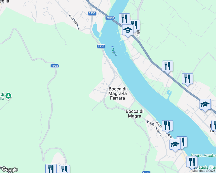 map of restaurants, bars, coffee shops, grocery stores, and more near 67 Via della Pace in Bocca di Magra-la Ferrara