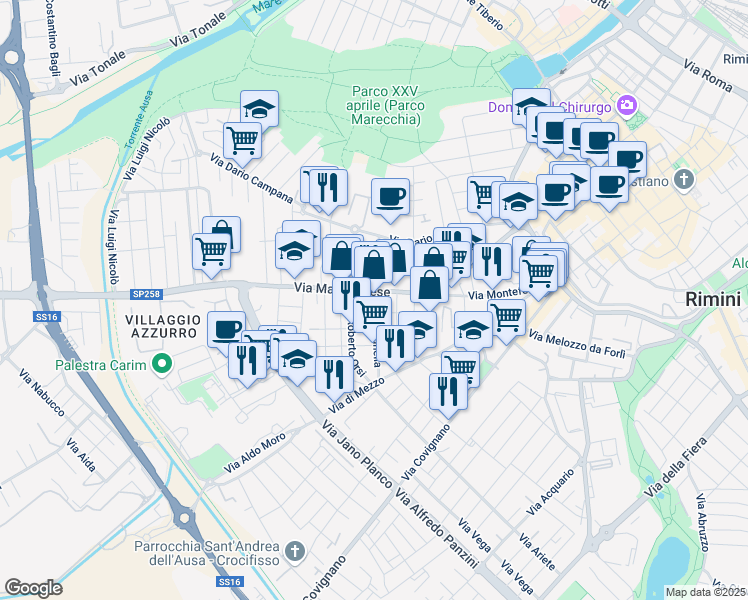 map of restaurants, bars, coffee shops, grocery stores, and more near 2 Via G. Arnolfi in Rimini