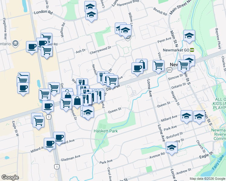 map of restaurants, bars, coffee shops, grocery stores, and more near 200 Davis Drive in Newmarket