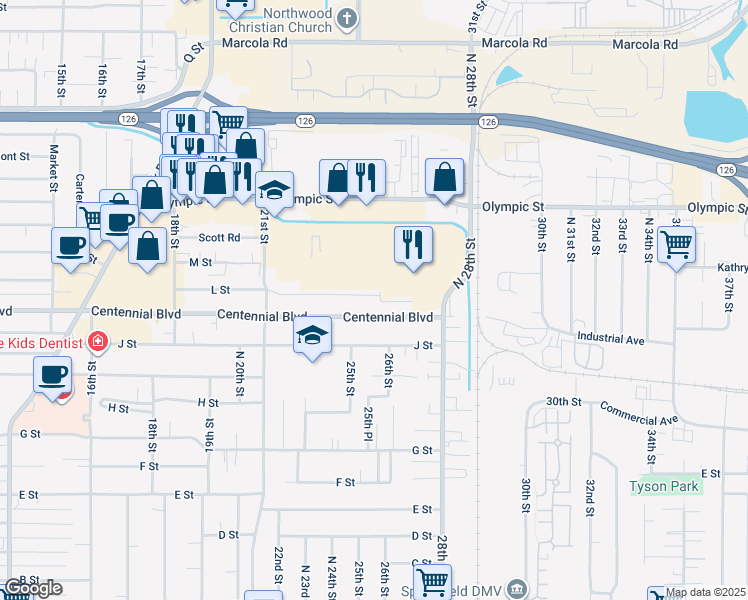 map of restaurants, bars, coffee shops, grocery stores, and more near 2579 L Street in Springfield