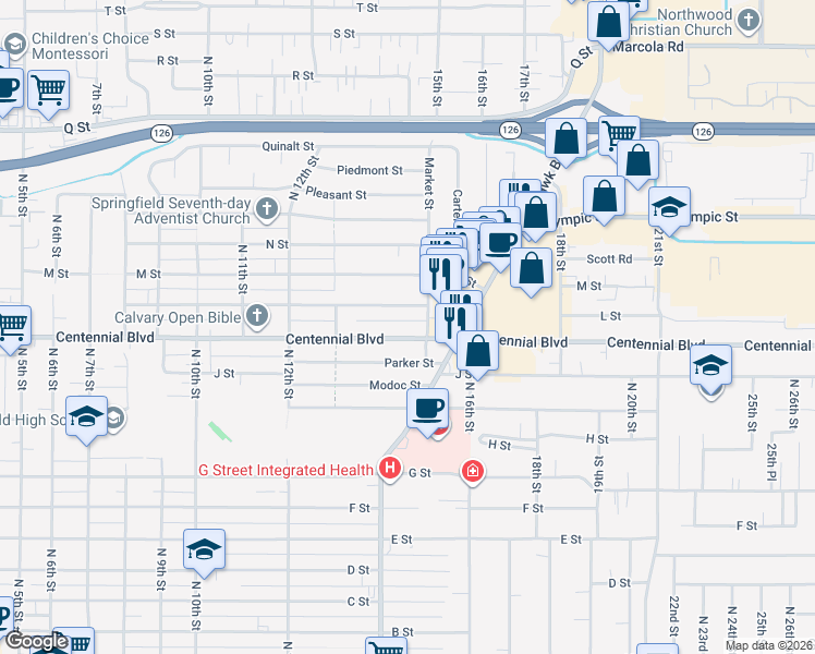 map of restaurants, bars, coffee shops, grocery stores, and more near 1440 Centennial Boulevard in Springfield