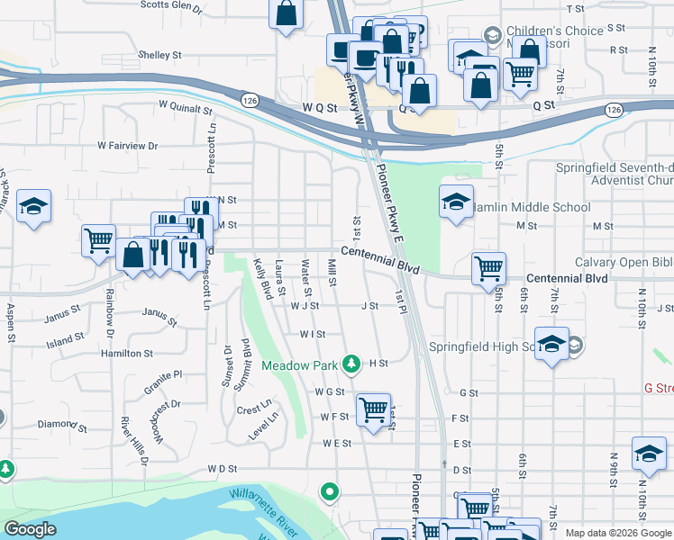 map of restaurants, bars, coffee shops, grocery stores, and more near 1213 Mill Street in Springfield