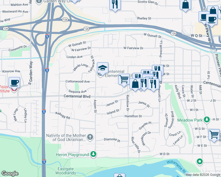 map of restaurants, bars, coffee shops, grocery stores, and more near 1123 Sequoia Avenue in Springfield