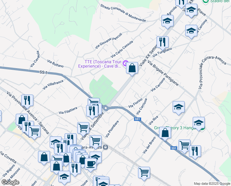 map of restaurants, bars, coffee shops, grocery stores, and more near 173 Viale XX Settembre in Carrara
