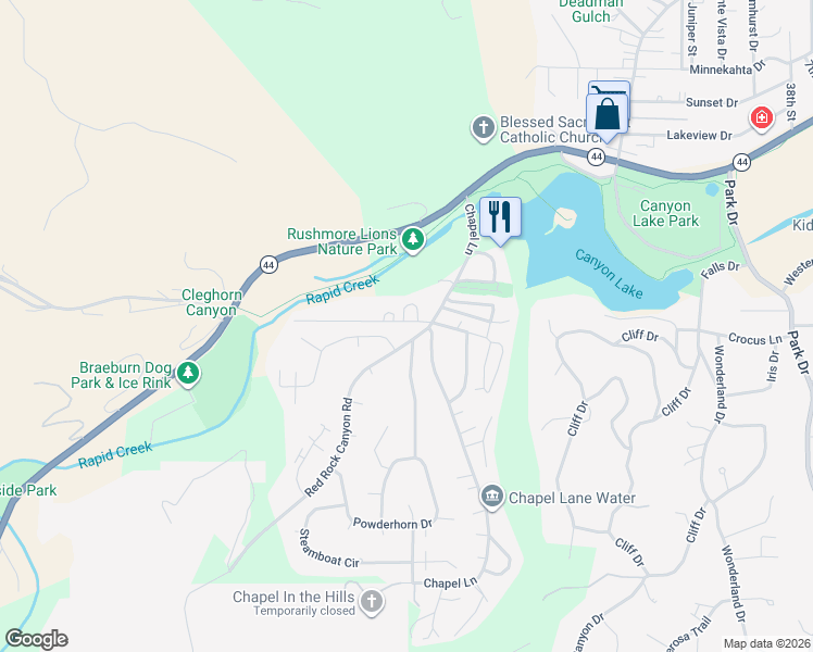 map of restaurants, bars, coffee shops, grocery stores, and more near 4609 Guest Road in Rapid City