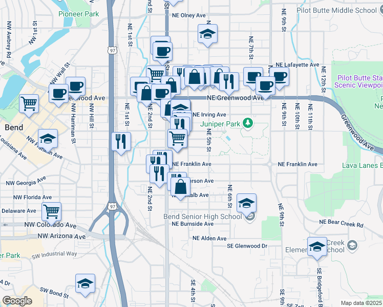 map of restaurants, bars, coffee shops, grocery stores, and more near 636 Northeast 4th Street in Bend