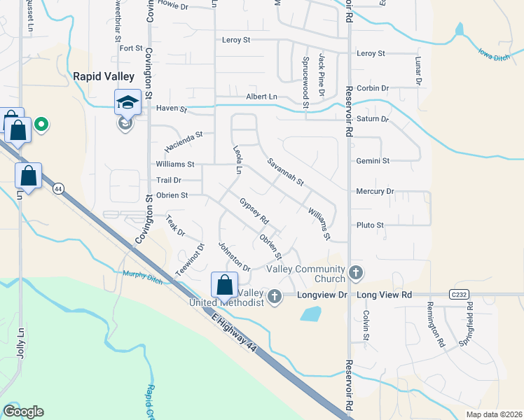 map of restaurants, bars, coffee shops, grocery stores, and more near 3025 Gypsey Road in Rapid City