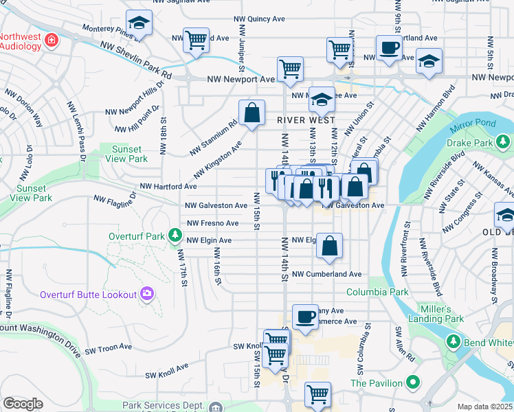 map of restaurants, bars, coffee shops, grocery stores, and more near 1475 Northwest Galveston Avenue in Bend