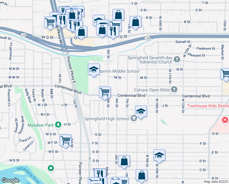 map of restaurants, bars, coffee shops, grocery stores, and more near 610 Centennial Boulevard in Springfield