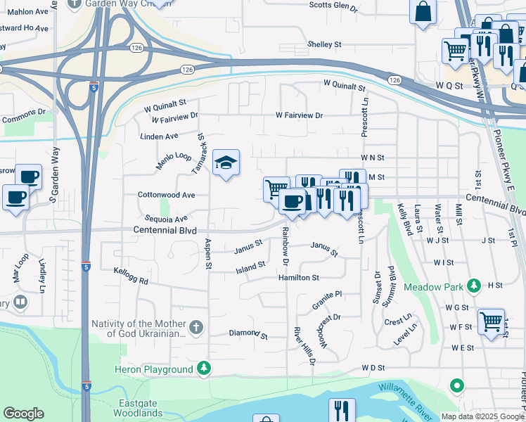 map of restaurants, bars, coffee shops, grocery stores, and more near 1250 Rainbow Drive in Springfield