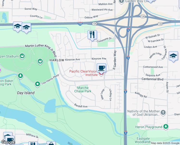 map of restaurants, bars, coffee shops, grocery stores, and more near 355 Marche Chase Drive in Eugene