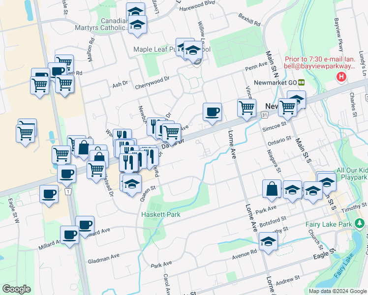 map of restaurants, bars, coffee shops, grocery stores, and more near in Newmarket