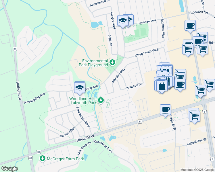 map of restaurants, bars, coffee shops, grocery stores, and more near 50 Mynden Way in Newmarket