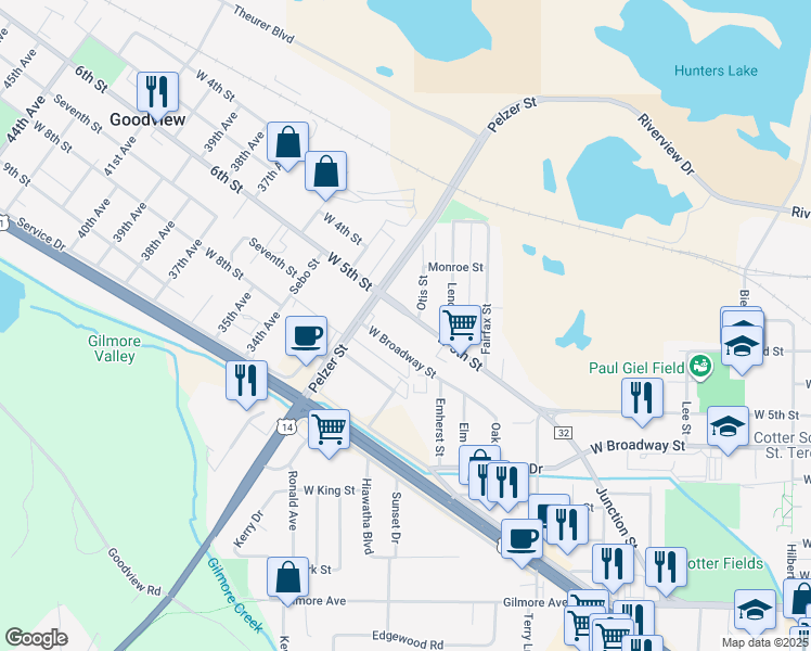 map of restaurants, bars, coffee shops, grocery stores, and more near 1752 West Broadway Street in Winona