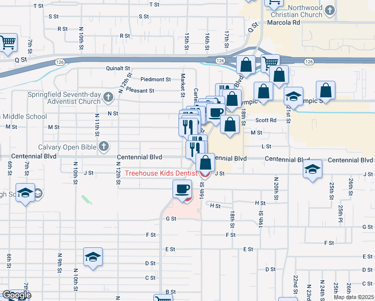map of restaurants, bars, coffee shops, grocery stores, and more near 1210 Mohawk Boulevard in Springfield