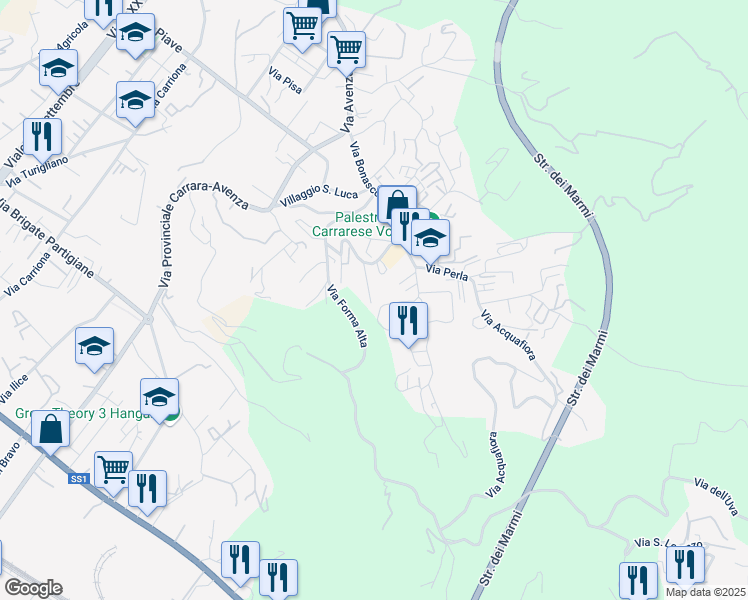 map of restaurants, bars, coffee shops, grocery stores, and more near 14B Via Eugenio Montale in Carrara