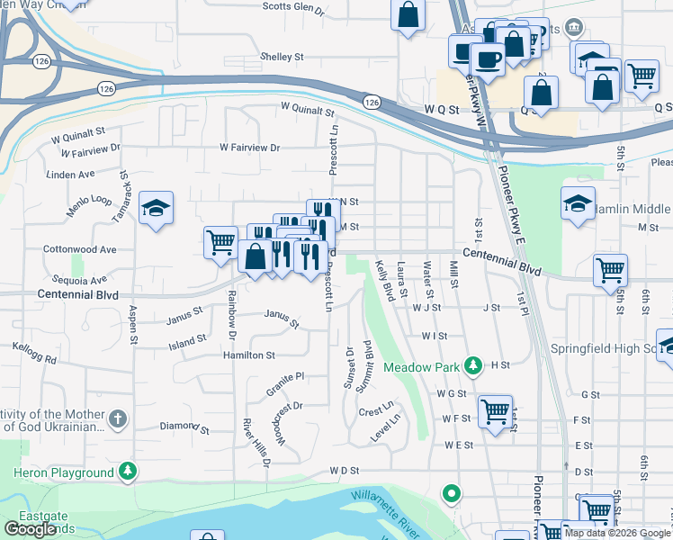 map of restaurants, bars, coffee shops, grocery stores, and more near 485 West Centennial Boulevard in Springfield