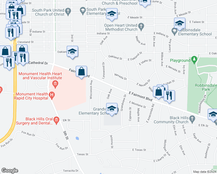 map of restaurants, bars, coffee shops, grocery stores, and more near 35 Fairmont Boulevard in Rapid City