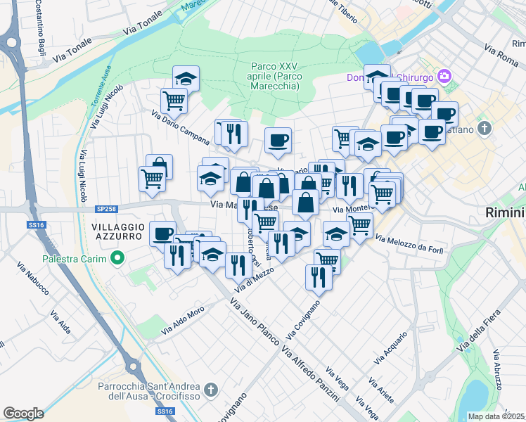 map of restaurants, bars, coffee shops, grocery stores, and more near 2 Via G. Arnolfi in Rimini