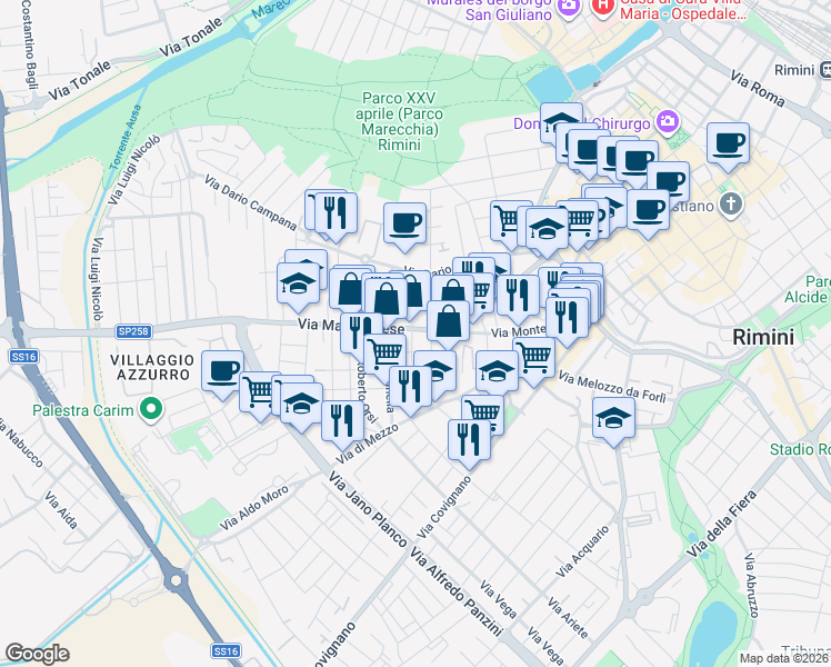 map of restaurants, bars, coffee shops, grocery stores, and more near 20 Via Marecchiese in Rimini