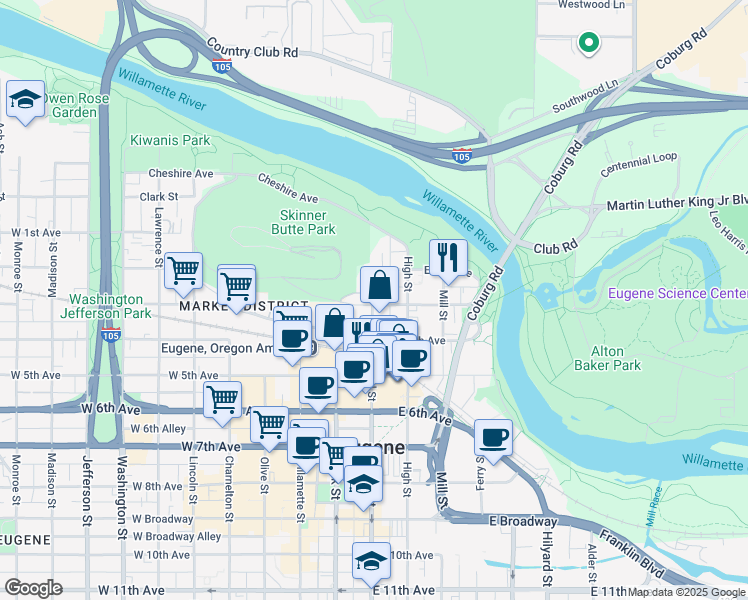 map of restaurants, bars, coffee shops, grocery stores, and more near 205 East 3rd Avenue in Eugene
