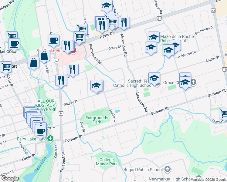 map of restaurants, bars, coffee shops, grocery stores, and more near 734 Srigley Street in Newmarket
