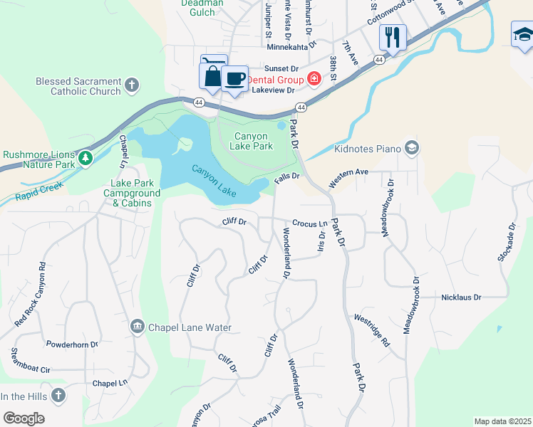 map of restaurants, bars, coffee shops, grocery stores, and more near 4120 Cliff Drive in Rapid City