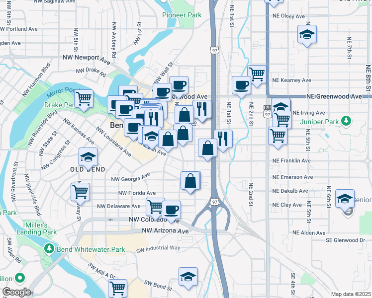 map of restaurants, bars, coffee shops, grocery stores, and more near 135 Northwest Greeley Avenue in Bend
