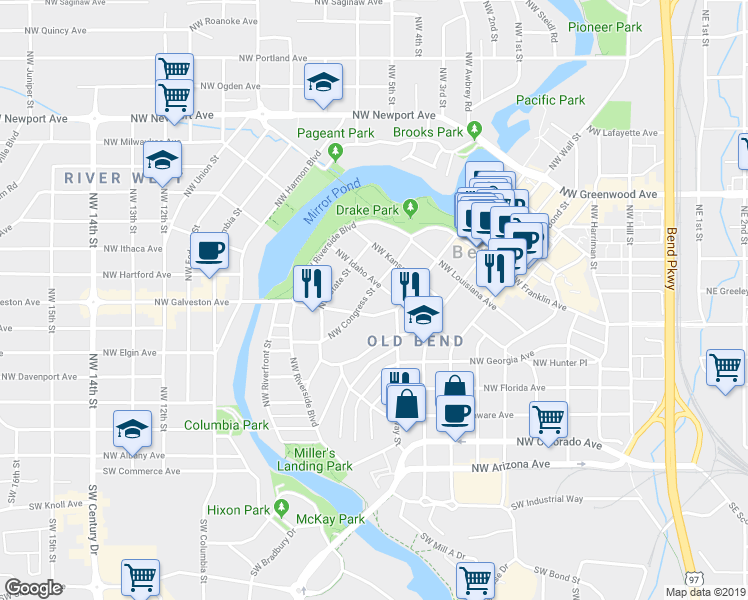 map of restaurants, bars, coffee shops, grocery stores, and more near 440 Northwest Congress Street in Bend