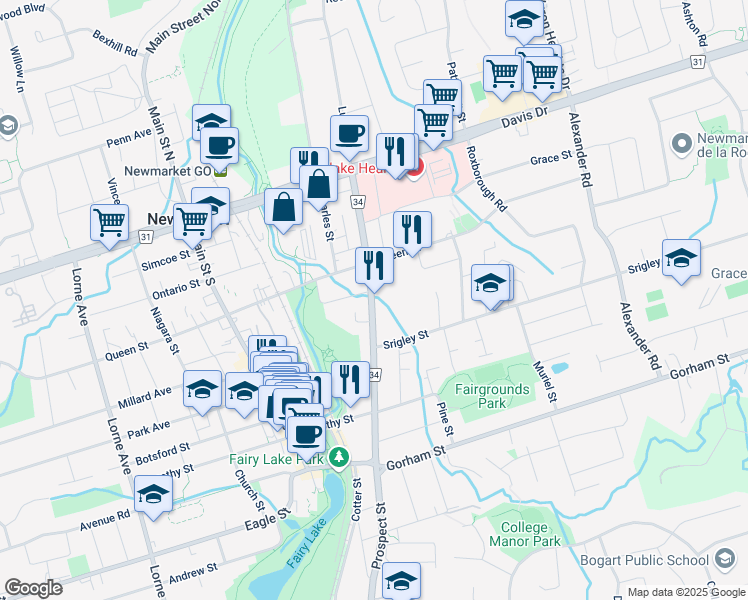 map of restaurants, bars, coffee shops, grocery stores, and more near 115 Prospect St in Newmarket