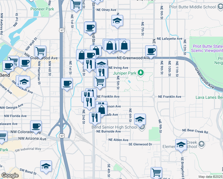 map of restaurants, bars, coffee shops, grocery stores, and more near 636 Northeast 4th Street in Bend