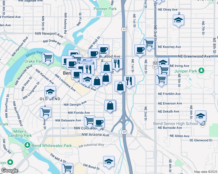 map of restaurants, bars, coffee shops, grocery stores, and more near 135 Northwest Greeley Avenue in Bend